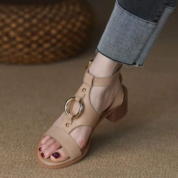Сандалии женские на толстом каблуке 5 см, выразительная летняя обувь из овечьей шкуры в римском стиле, туфли с пряжкой, простые босоножки