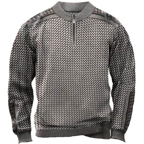 Мужской винтажный жаккардовый свитер с геометрическим рисунком и застежкой-молнией