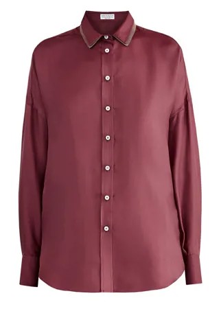 Oversize-блуза из атласного шелка с двойным расшитым воротником