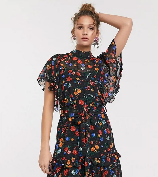 Платье мини с ярким цветочным принтом и оборками Twisted Wunder-Мульти