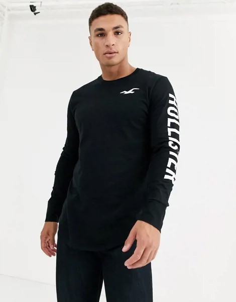 Черный лонгслив с логотипом Hollister