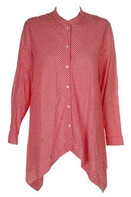 Anne Klein Tomato Red Хлопковая асимметричная рубашка с длинными рукавами в мелкую клетку 2