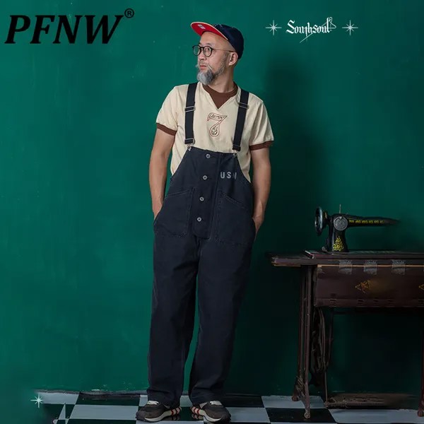 Мужские однотонные хлопковые брюки PFNW, повседневные винтажные подтяжки с карманами, модель 12A6543 на осень и зиму, 2022
