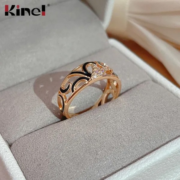 Kinel Полые черные эмалевые кольца для женщин 585 розового золота цвет ювелирные изделия