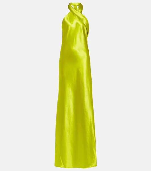 Атласное платье макси pandora с воротником-халтером Galvan, желтый