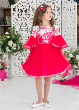 Платье нарядное малинового цвета с пышными рукавами Сесиль