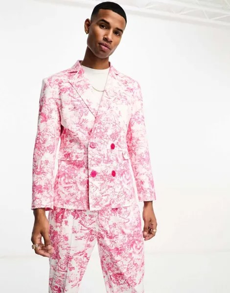 Розовый приталенный двубортный пиджак с принтом Labelrail x Stan & Tom