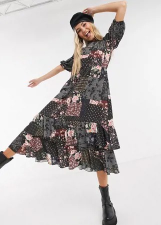 Oversize-платье миди с принтом в стиле пэчворк New Girl Order-Черный