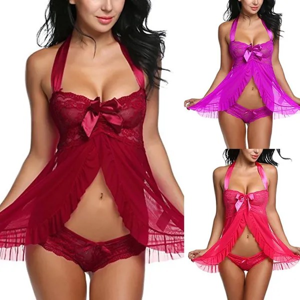 Женщины Женщины V-образный вырез Кружева Babydoll Сетка Chemise Пижама Сексуальное белье Пижама
