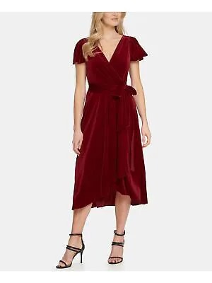 Женское красное бархатное платье миди с поясом и развевающимися рукавами DKNY, вечернее платье с завышенной талией 10