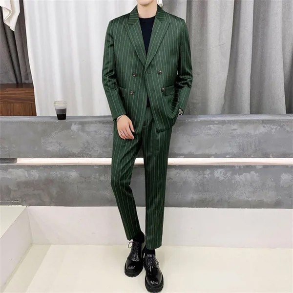 Новинка 2021, оливковые зеленые полосатые Свадебные смокинги с двумя пуговицами, Мужская официальная одежда из двух предметов (пиджак + брюки)