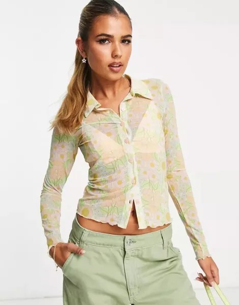 Сетчатая рубашка-поло Monki с пастельным цветочным принтом в стиле ретро