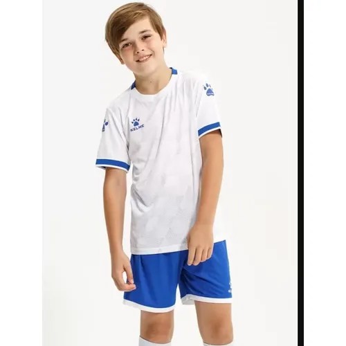 Спортивная форма Kelme Футбольная форма детская Kelme Short Sleeve Football Set 81 цвет белый, синий размер 130 детская, футболка и шорты, размер 130, синий, белый