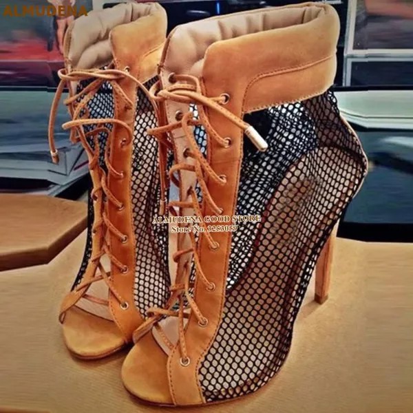 Замшевые ботинки ALMUDENA абрикосового цвета, сетчатые ботинки, ботинки на шпильке, с открытым носком, на шнуровке, вечерние ботинки с сетчатым узором, ботинки-гладиаторы
