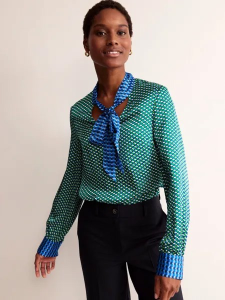 Блузка с бантом и геометрическим принтом Boden, ярко-зеленый/мульти