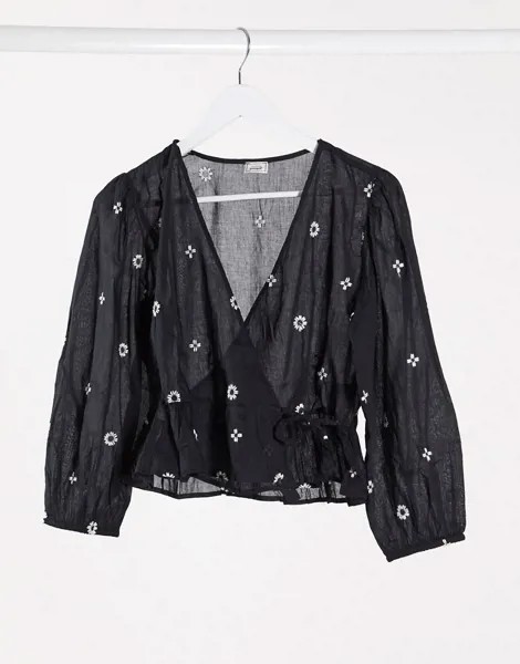 Черная блузка с запахом и цветочной вышивкой Pimkie-Черный