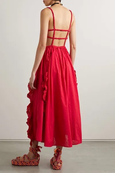 FARM RIO Платье миди из фил-купе с оборками и вырезом, красный