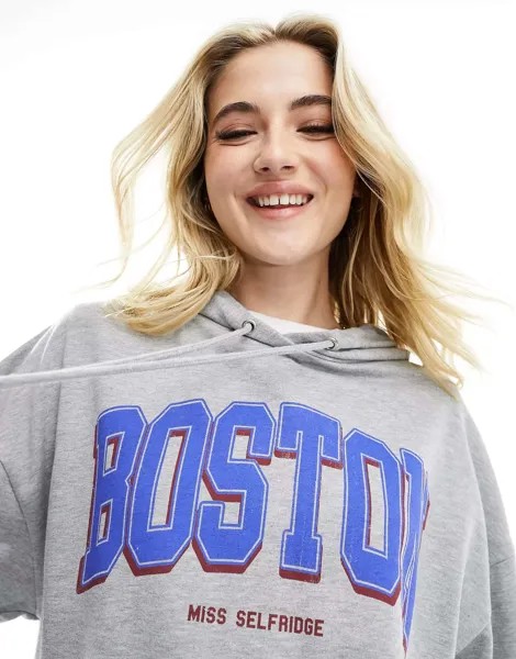 Серый меланжевый худи с графическим принтом Miss Selfridge Boston