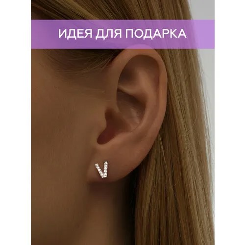 Моносерьга MIESTILO одиночная пусета с буквой ювелирная с камнями, серебро, 925 проба, родирование, фианит, размер/диаметр 8 мм, длина 0.6 см, серебряный