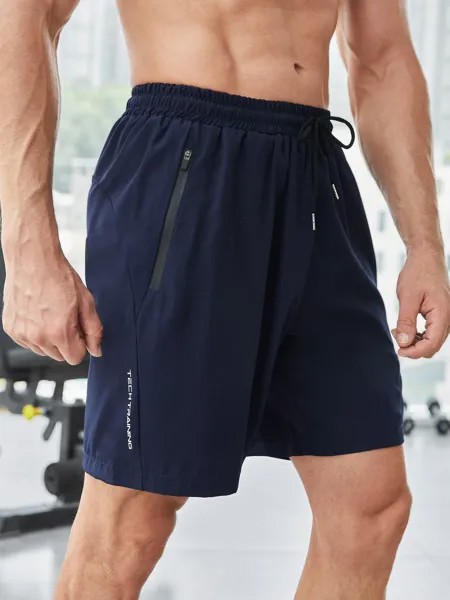 Мужские спортивные шорты SHEIN для фитнеса с буквенным принтом и шнурком на талии, темно-синий