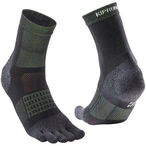 Носки высокие с пальцами тонкие для бега черно-зеленые KIPRUN, размер: 45/46, цвет: Черный/Лайм KIPRUN Х Декатлон