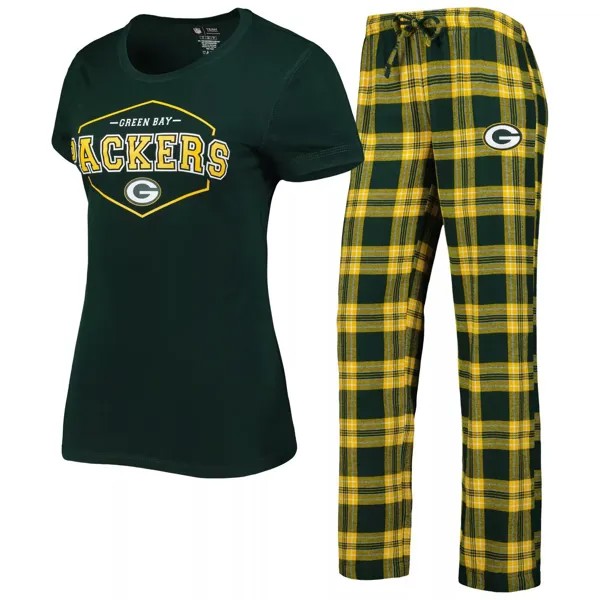 Женский комплект для сна, футболка и брюки со значком Green Bay Packers зеленого/золотого цвета Concepts Sport, футболка и брюки