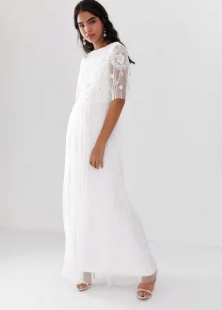 Белое декорированное платье макси с полупрозрачными рукавами Amelia Rose-Белый