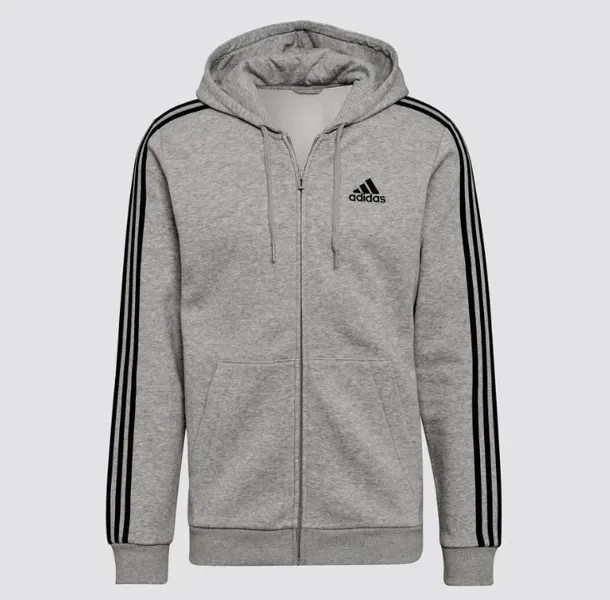 Худи Adidas Essentials Fleece 3-Stripes Full-Zip, серый