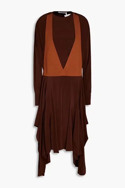 Двухцветное платье миди из шелкового крепдешина с шерстяными вставками Chloé, шоколад