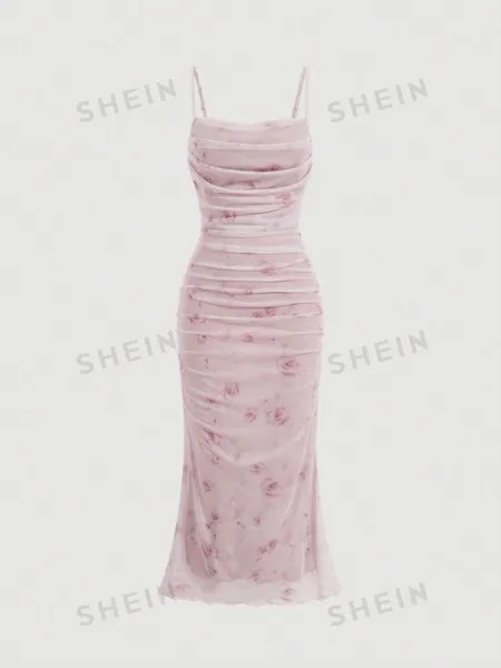 SHEIN MOD Плиссированное платье-комбинация с цветочным принтом и рюшами по подолу, абрикос