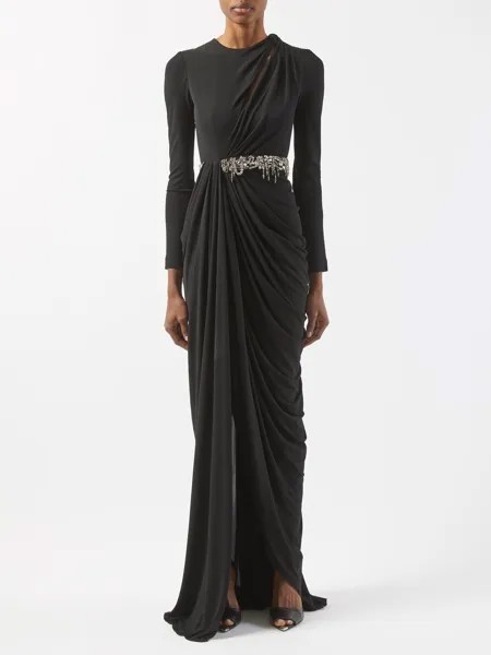 Платье из джерси с драпировкой и кристаллами Alexander McQueen, черный