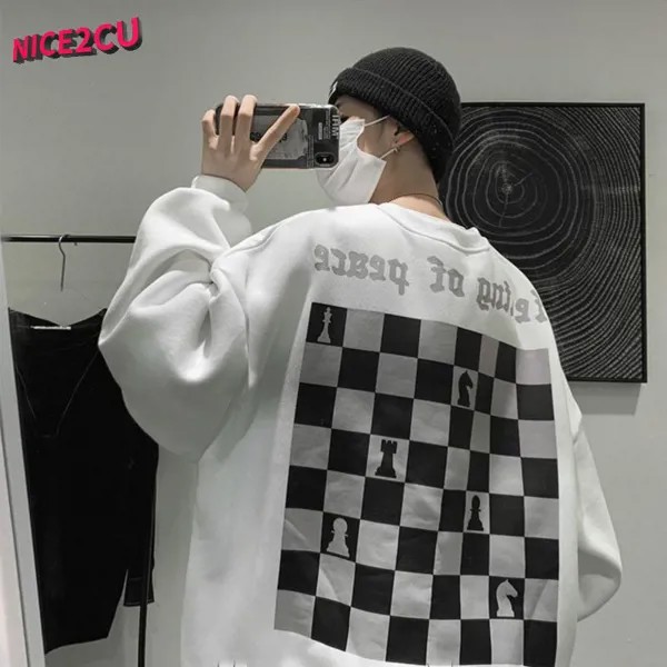 Харадзюку Мужская негабаритная клетчатая печать Пуловер Причинно-следственная корейская уличная одежда Хип-хоп Свободная толстовка Колледж Стиль для подростков