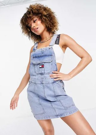 Светло-голубое выбеленное джинсовое платье-комбинезон карго Tommy Jeans-Голубой