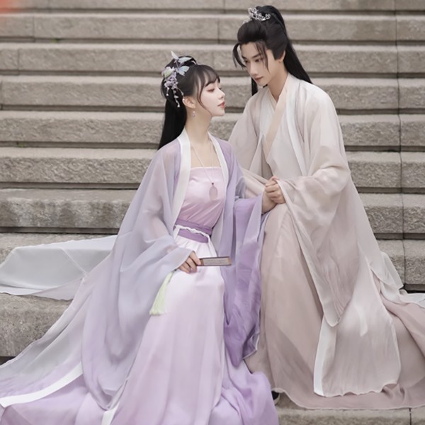 Китайский старинный костюм Hanfu для пар, костюм для косплея на Хэллоуин, Женский костюм Hanfu фиолетового и хаки, большие размеры 2XL