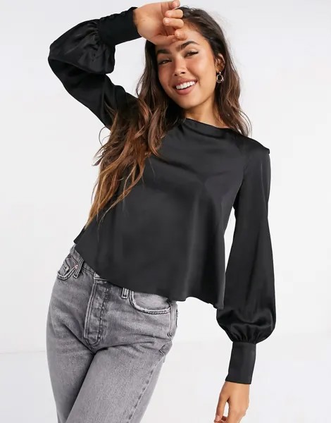 Черная атласная блузка с пышными рукавами River Island-Черный цвет