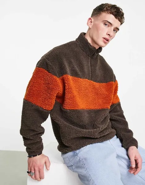 Плюшевый oversized-свитшот в стиле колор блок коричневого цвета с короткой молнией ASOS DESIGN-Разноцветный