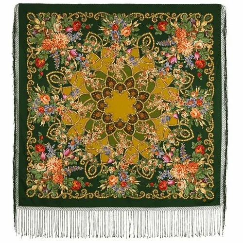 Платок Павловопосадская платочная мануфактура,148х148 см, голубой, горчичный