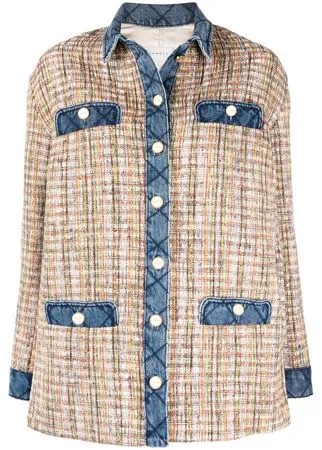 SANDRO твидовая куртка-рубашка с отделкой из денима