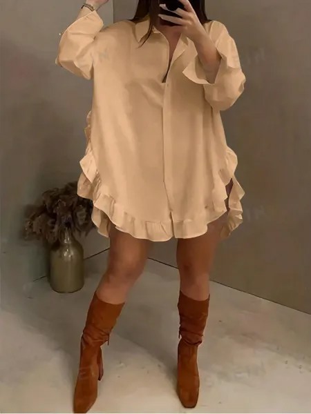 Рубашка женская Shein Privé с отложным воротником и рюшами, хаки