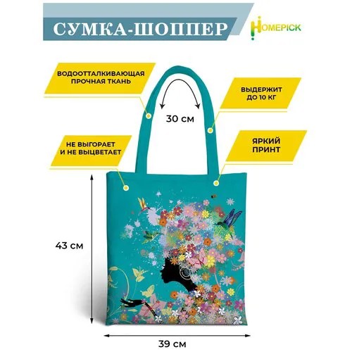 Сумка шоппер Homepick, фактура гладкая, голубой, мультиколор