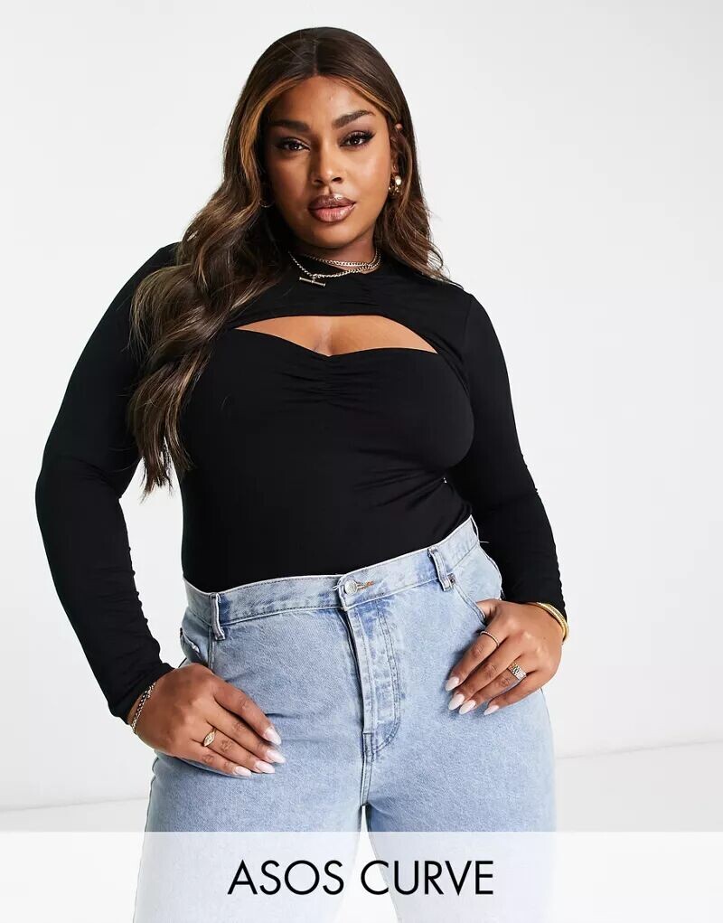 Черное боди со сборками и вырезом ASOS DESIGN Curve