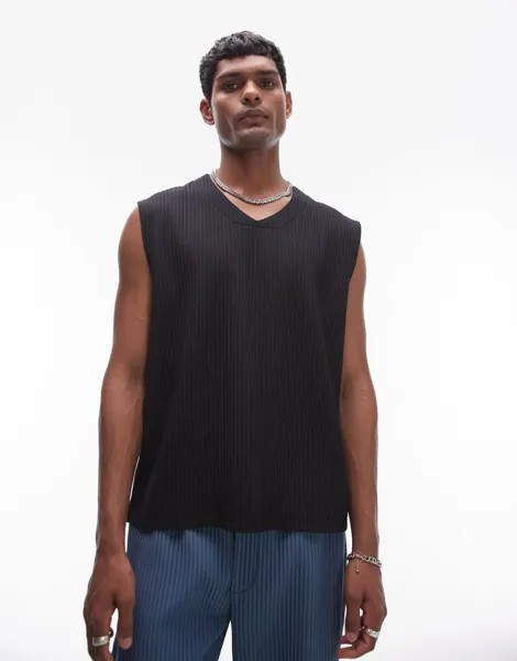 Черная плиссированная футболка без рукавов с v-образным вырезом Topman