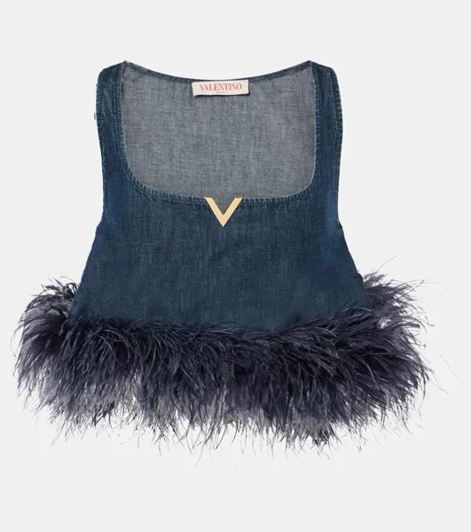 Джинсовый топ-бюстгальтер с отделкой из перьев VGold Valentino, цвет medium blue denim