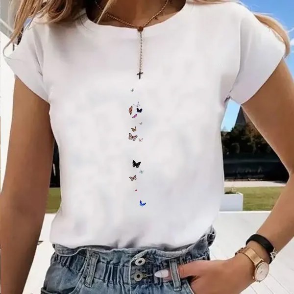 Азиатский размер с принтом Графическая футболка Стиль бабочки Тенденция 90-х годов Повседневная женская одежда Летняя топ-дамская женская футболка с коротким рукавом