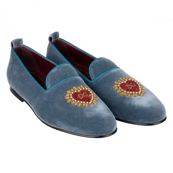 DOLCE - GABBANA Бархатные туфли-лоферы YOUNG POPE с вышивкой логотипа в форме сердца, синий 09674