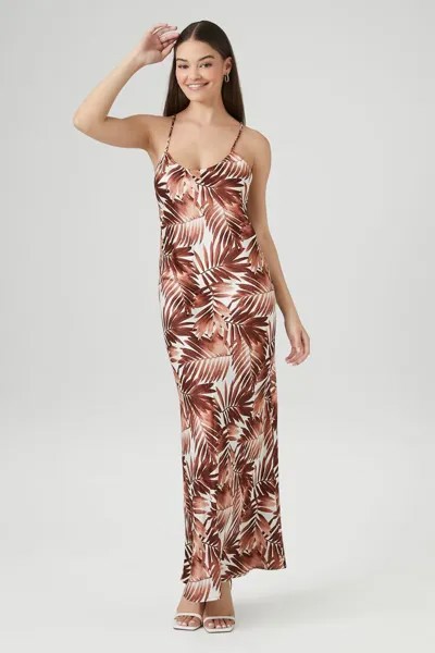 Платье-комбинация макси с Y-образной спинкой и тропическими листьями Forever 21, коричневый