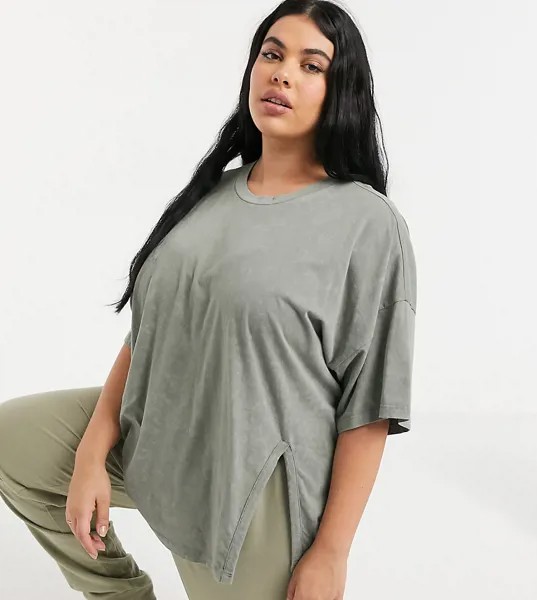 Oversized-футболка с разрезом цвета хаки ASOS DESIGN Curve-Зеленый цвет