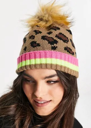 Вязаная шапка-бини с леопардовым принтом и помпоном из искусственного меха Aldo-Коричневый цвет