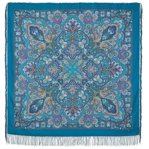 Платок Павловопосадская платочная мануфактура,146х146 см, синий, бирюзовый