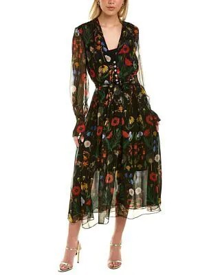 Oscar De La Renta Ботаническое шифоновое шелковое платье миди женское, черное 4